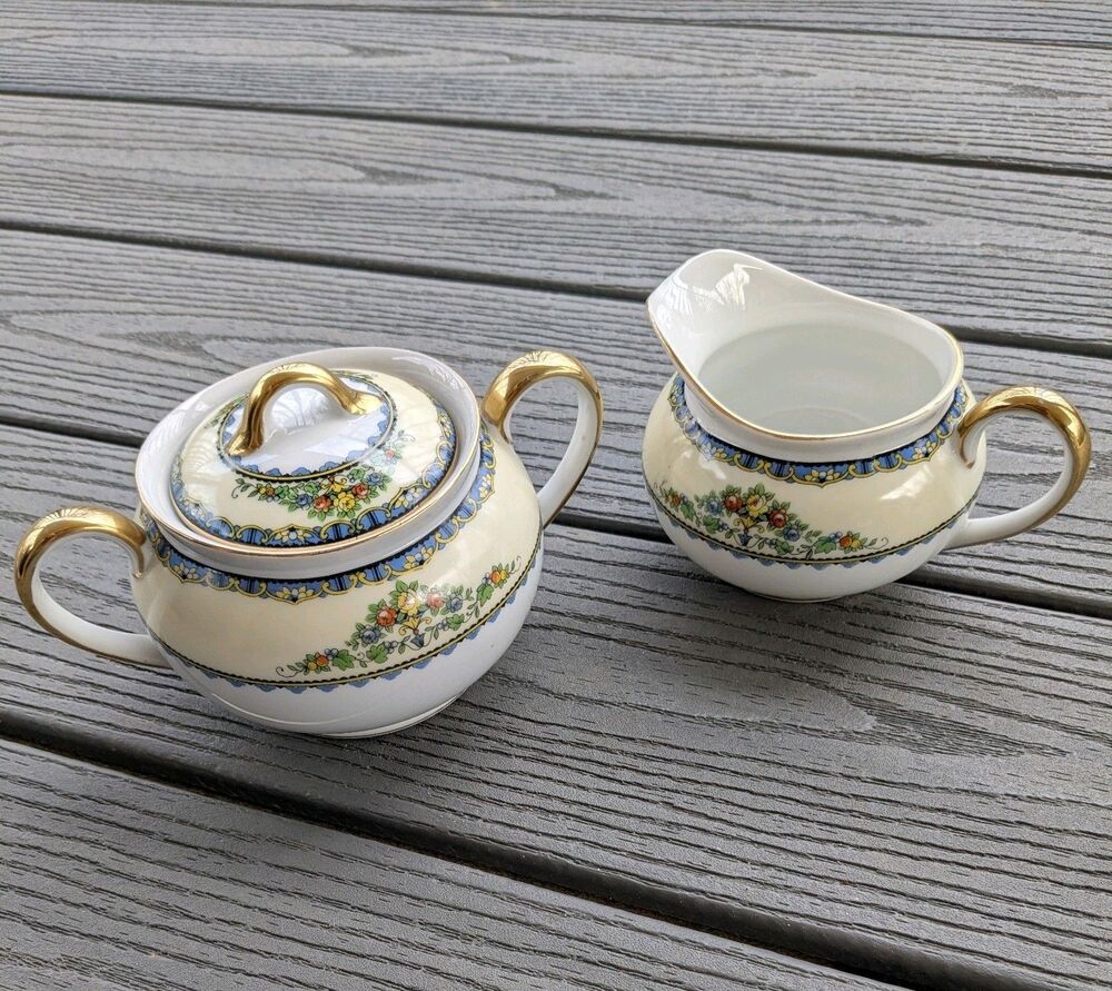 Noritake Avril China Creamer & Sugar w Lid 1918-1931 Floral Gold Blue Antique